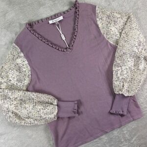 Siani Milano Women's Pale‎ Lilac V-Neck Sz M Puff Sleeve Knit Top Lace NWT
